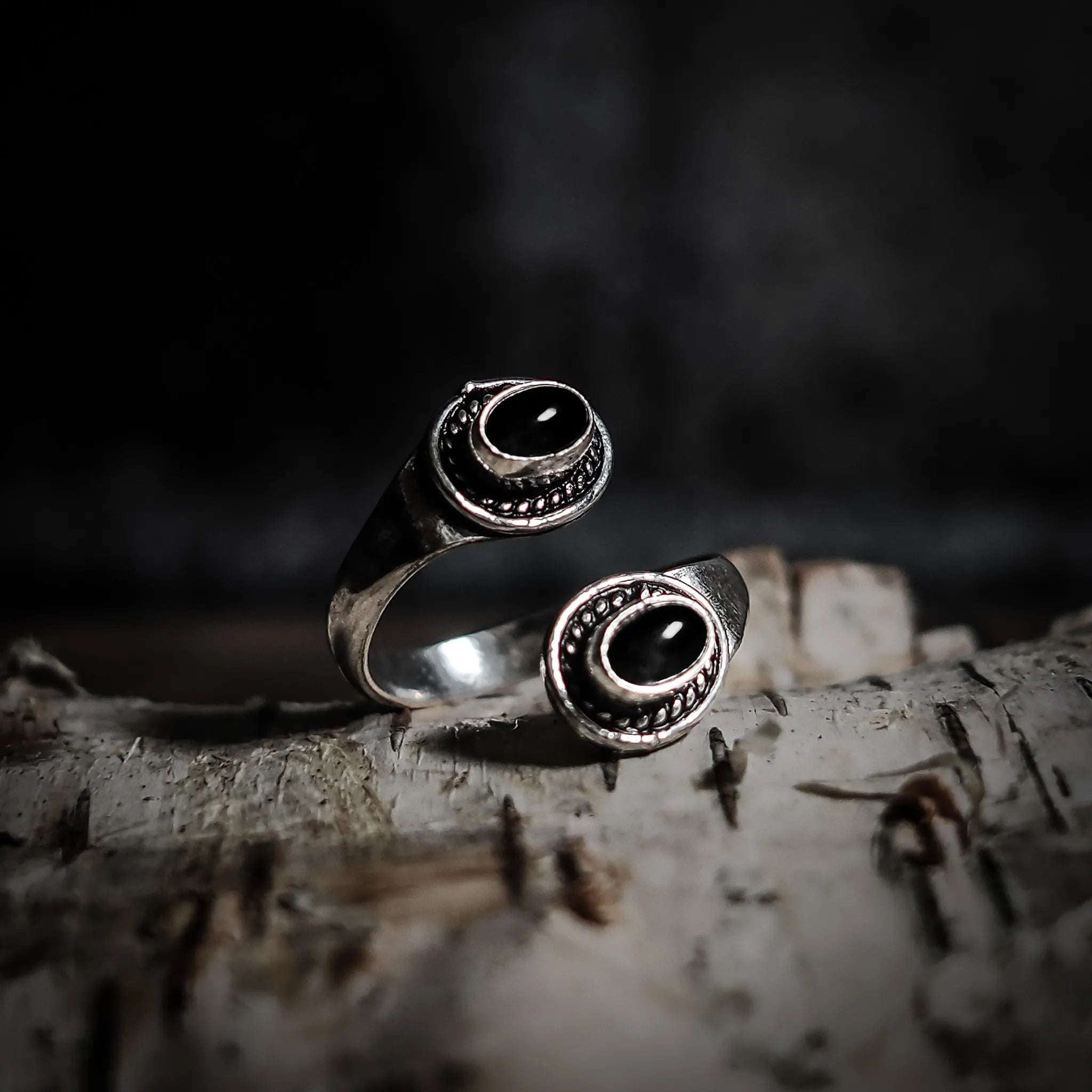 Spiral Ring with Black Agates