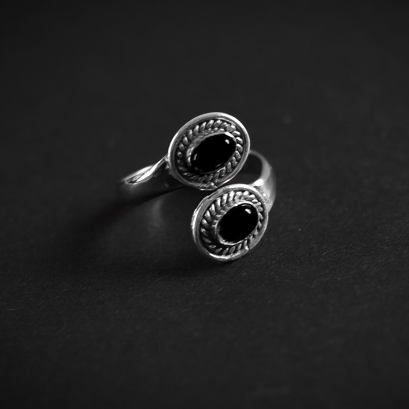 Spiral Ring with Black Agates