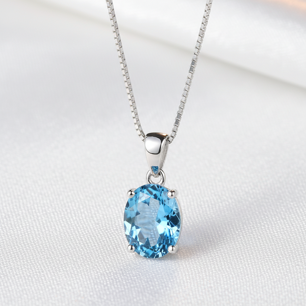 Blått topashalsband på vit silkesbakgrund