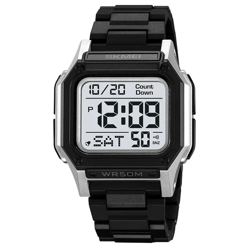 Multifunktionell rektangulär elektronisk herrklocka med digital display och spegelresin‑material