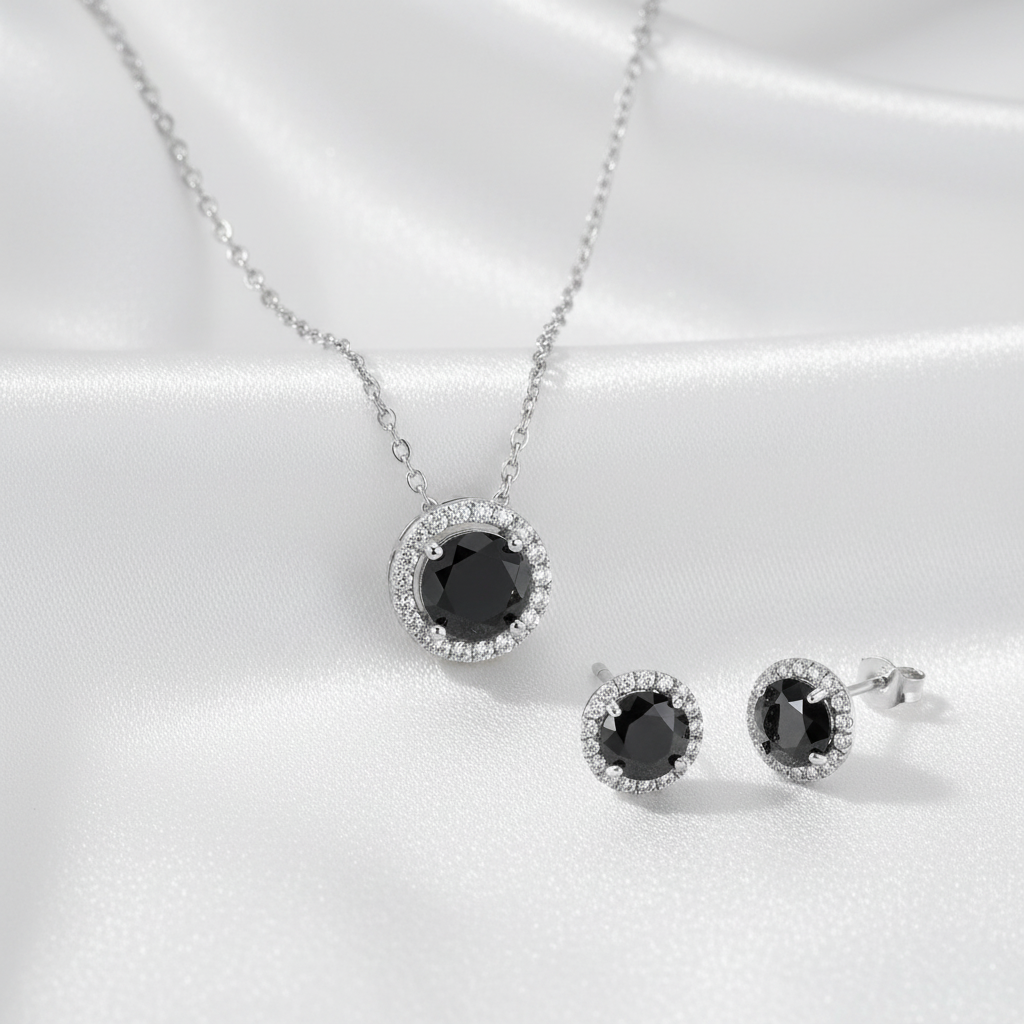 Elegant black crystal halo jewelry set