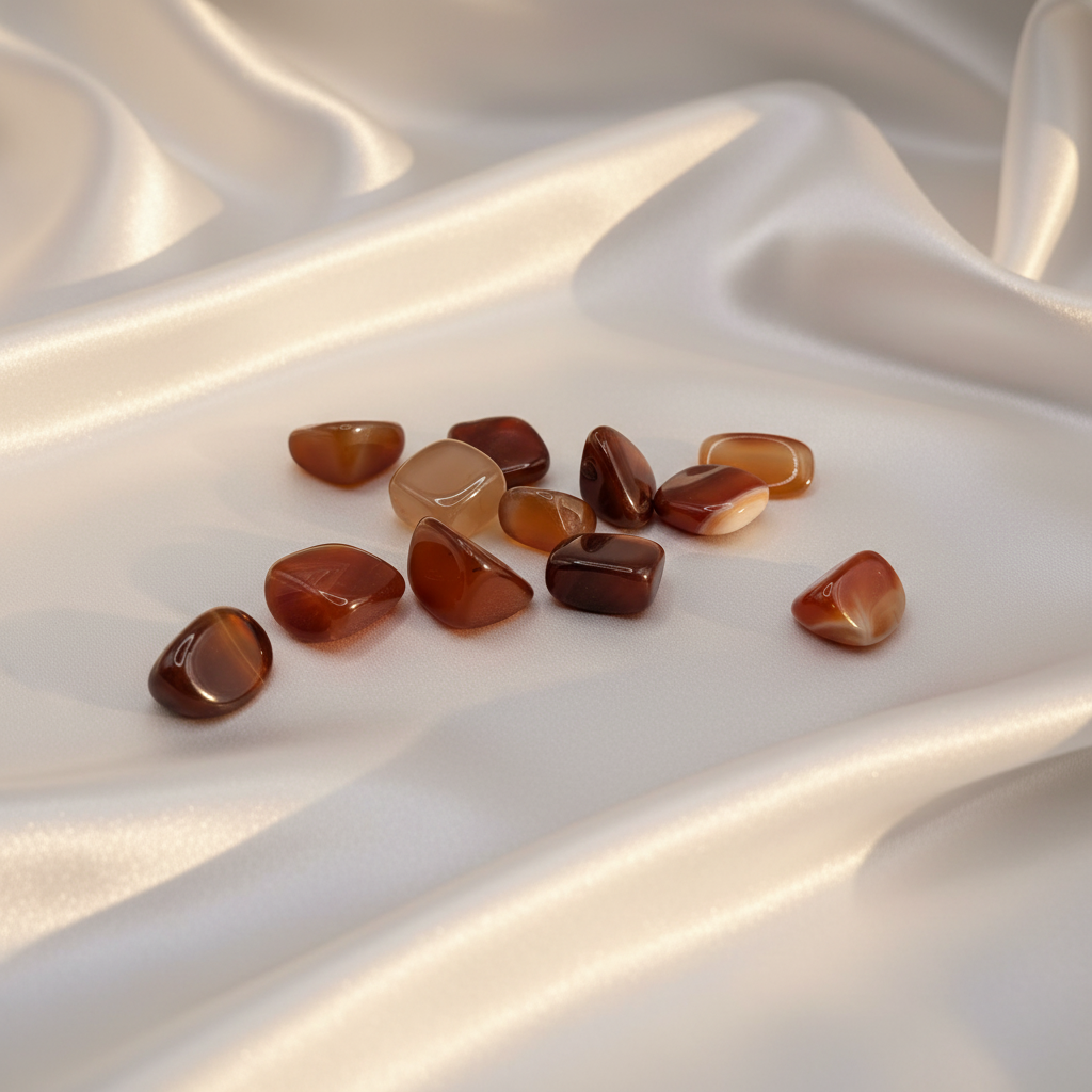 Karneol och agat stenar på vit silkesbakgrund