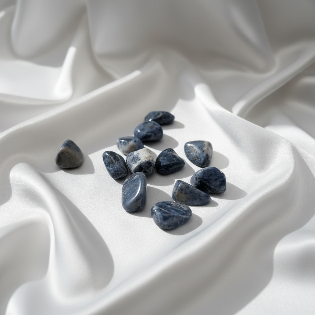 Mörka tumlade stenar på vit silkesbakgrund