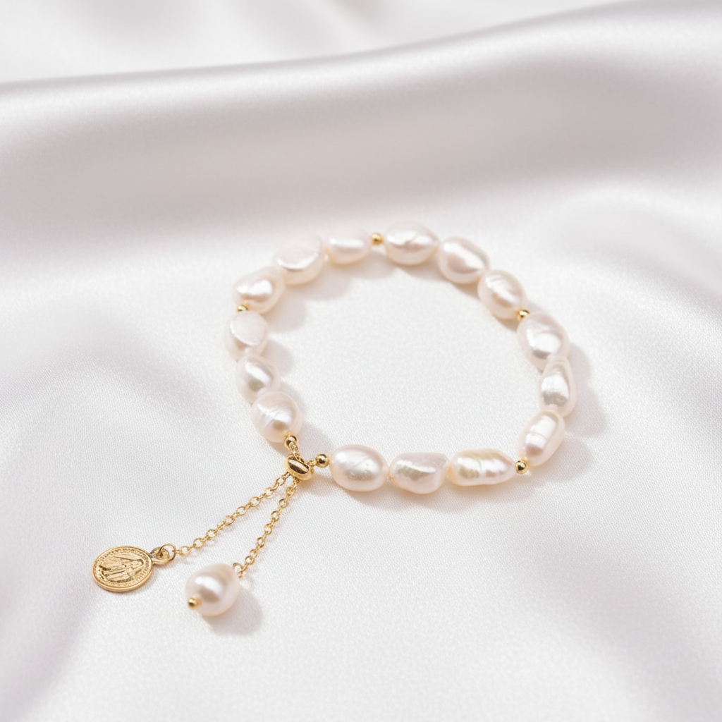 Pärlarmband på vit silkesbakgrund