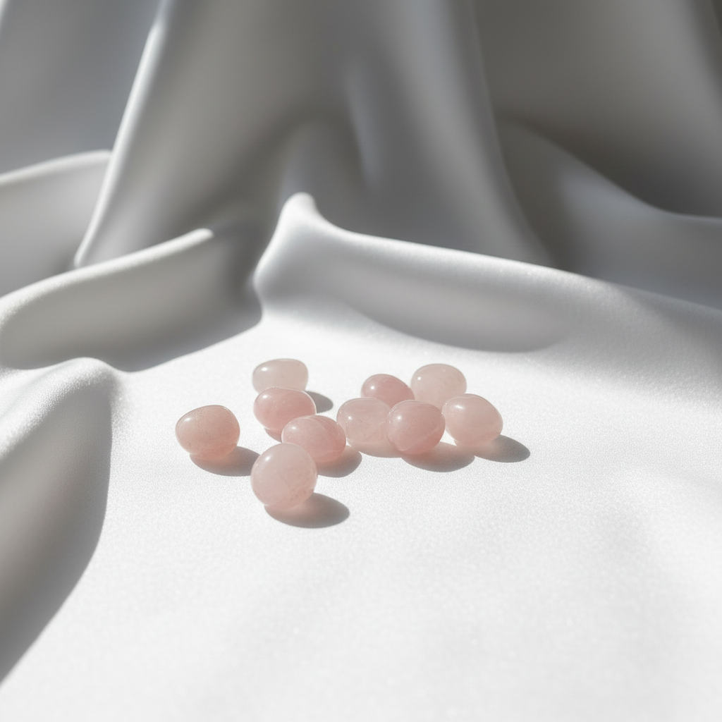 Rosenkvartspärlor på vit silkesbakgrund