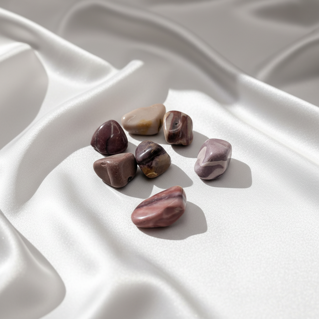 Tumlade stenar på vit silkesbakgrund