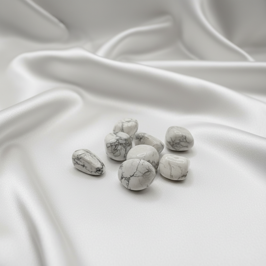 Vita howlite stenar på vit silkesbakgrund