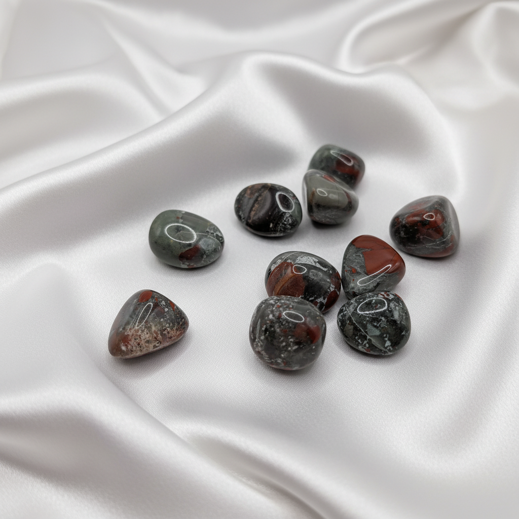 Bloodstone crystals on white silk background