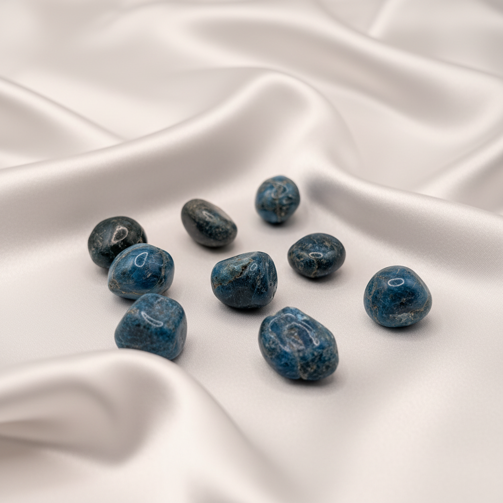 Blue apatite crystals on white silk background