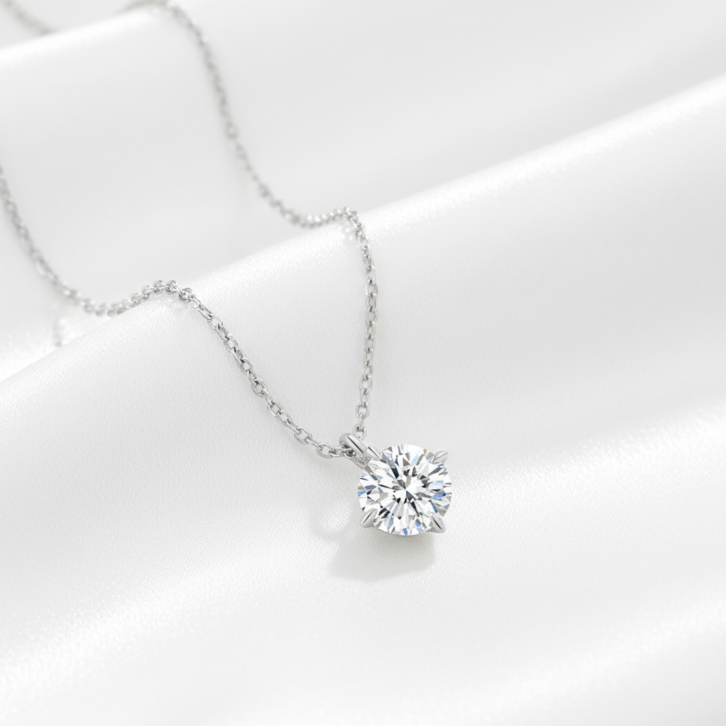 Elegant diamanthalsband på vit silkesbakgrund