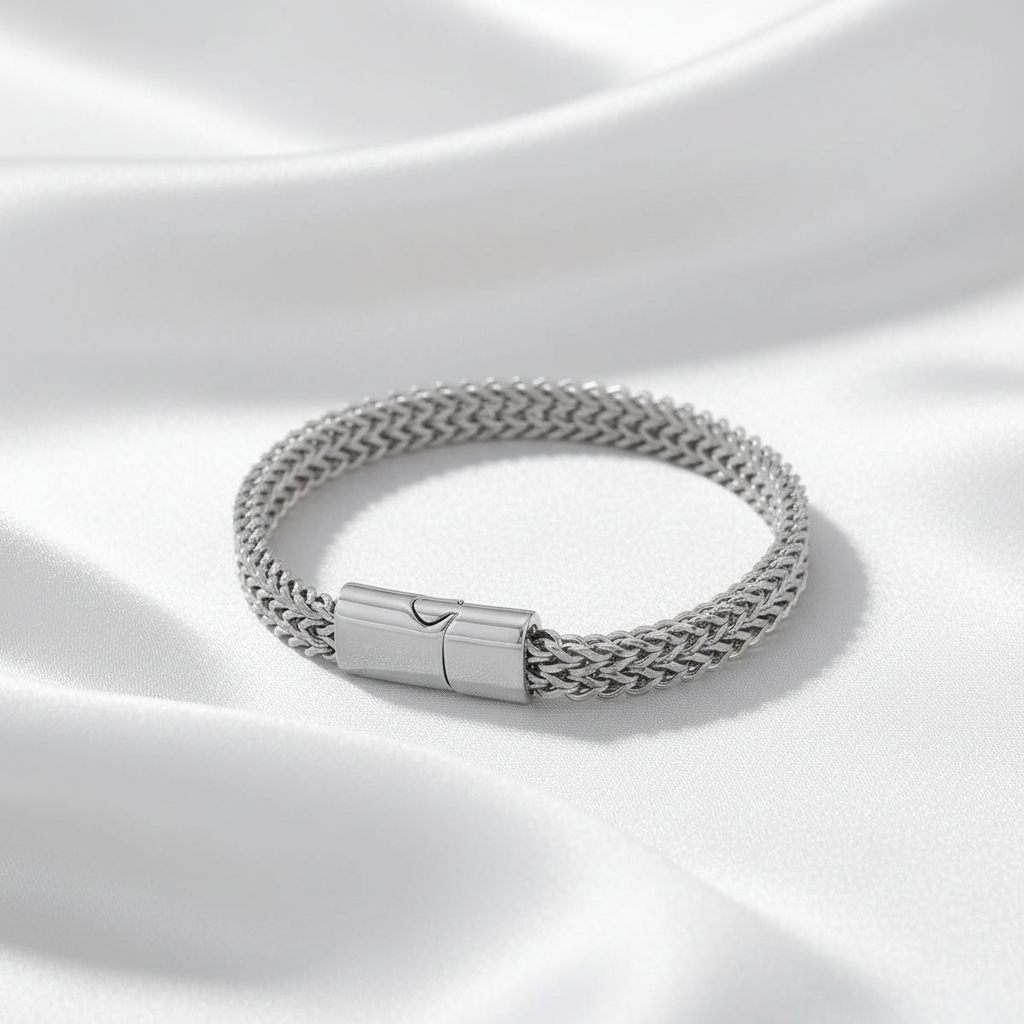 Elegant silverarmband på vit silkesbakgrund