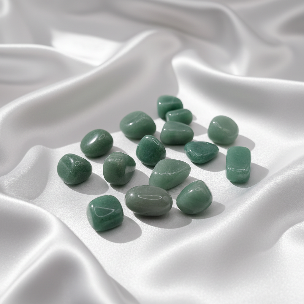 Green Aventurine stenar på vit silkesbakgrund