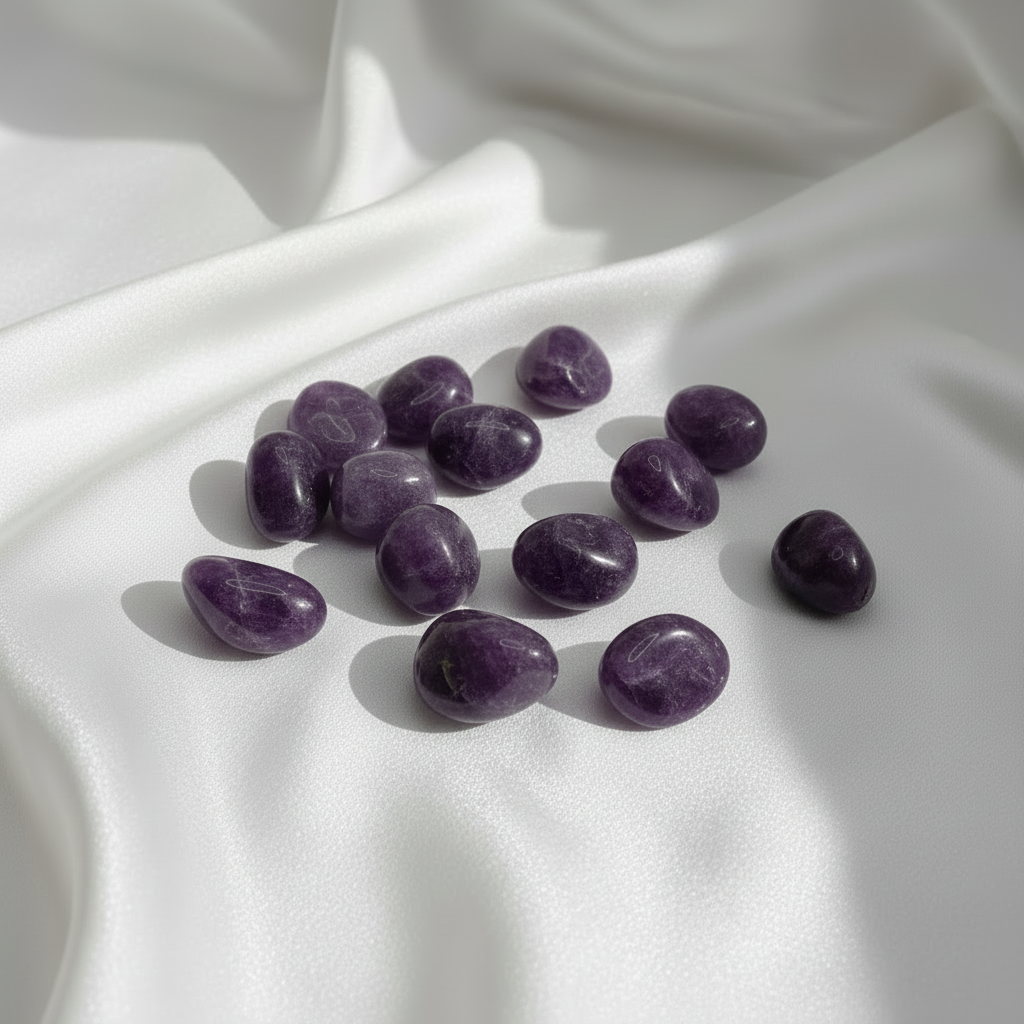 Mörkare ametist stenar på vit silkesbakgrund