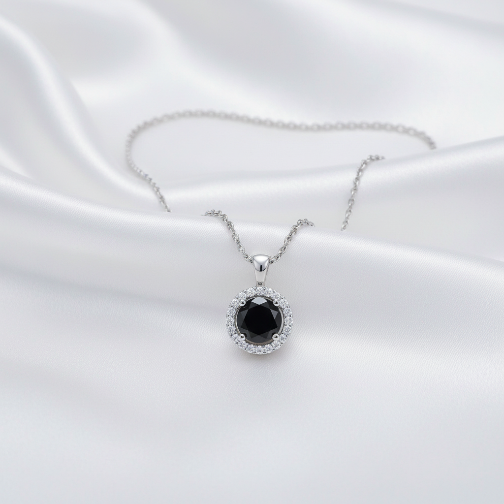 Moissanite halsband på vit silkesbakgrund