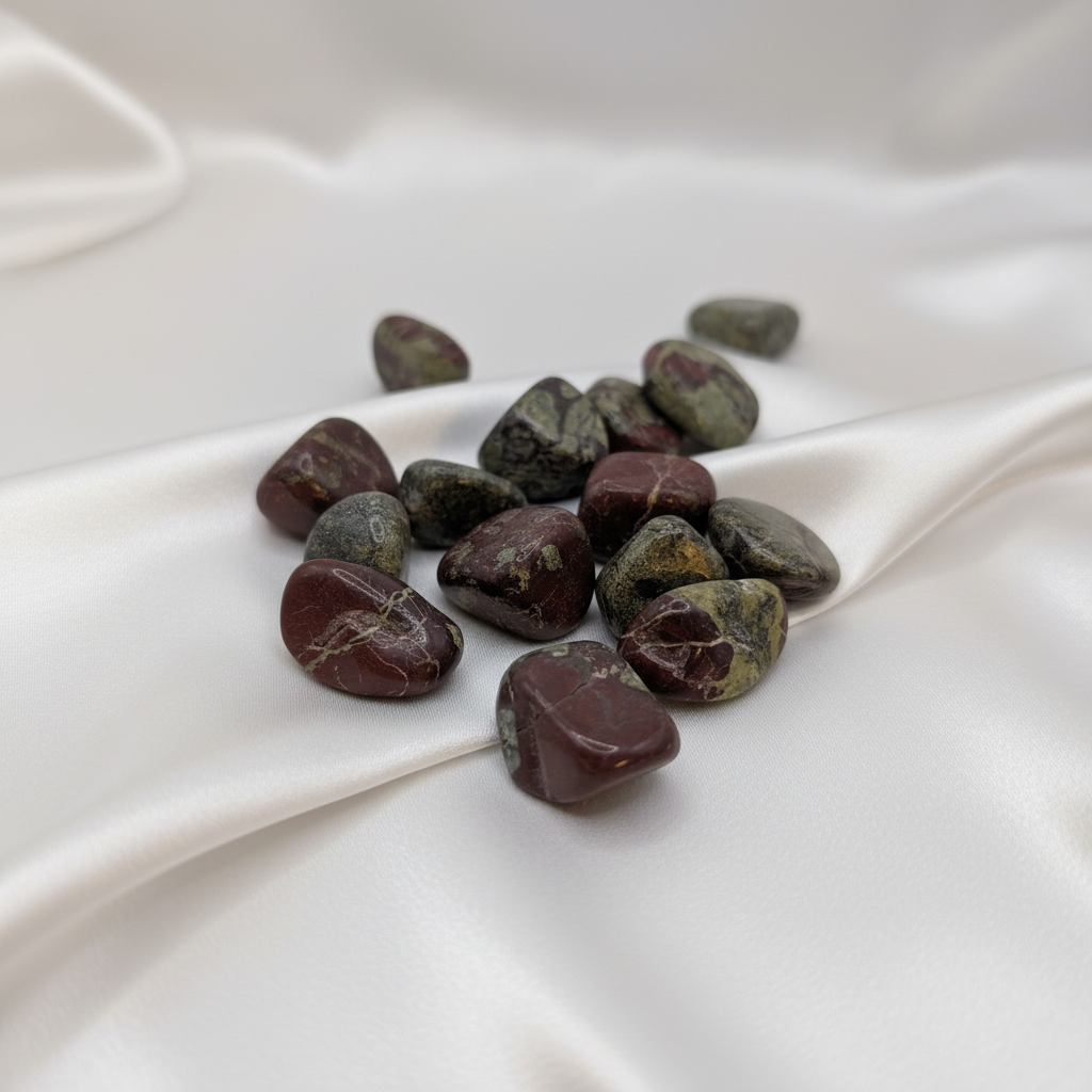 Natural tumbled crystals on white silk