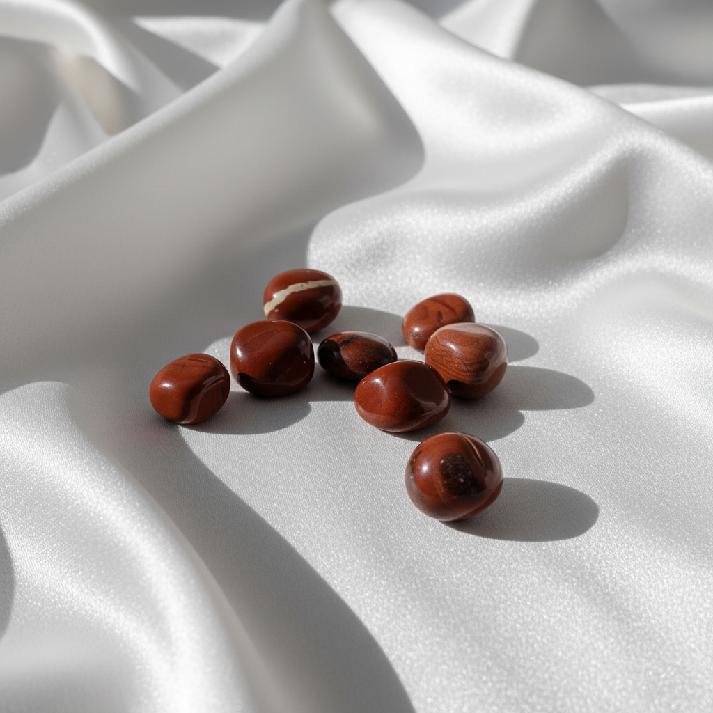 Röda kristallpärlor på vit silkesbakgrund