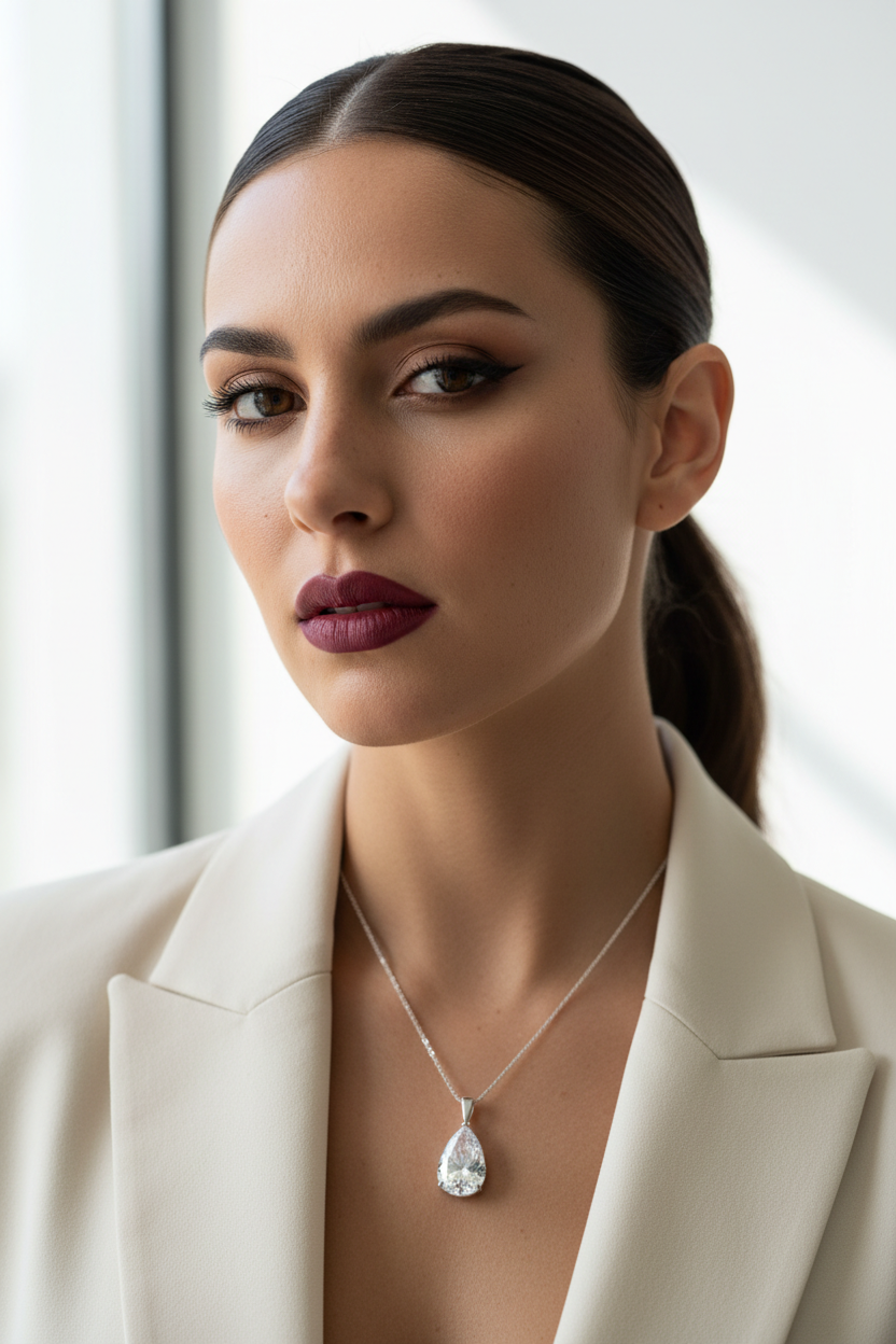 Strålande självsäker kvinna med moissanite-halsband