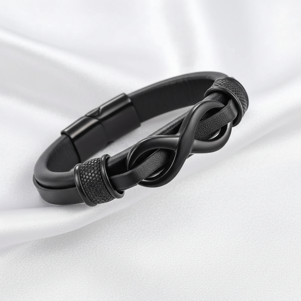 Svart flätat läderarmband på vit sidenbakgrund