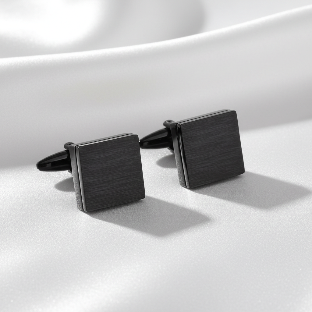 Svarta manchettknapparna på vit silkesbakgrund