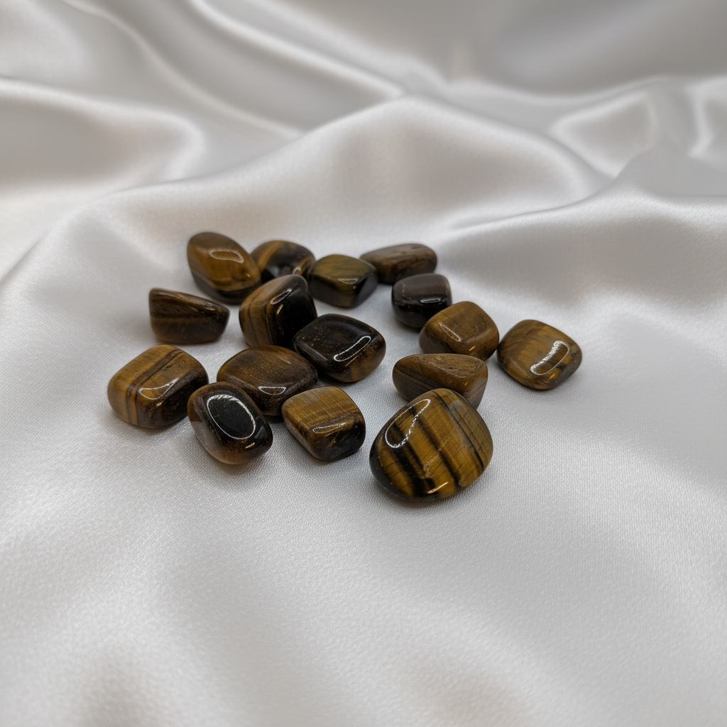 Tiger's eye crystals on white silk background