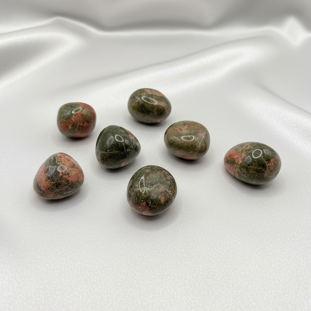 Unakite crystals on white silk background