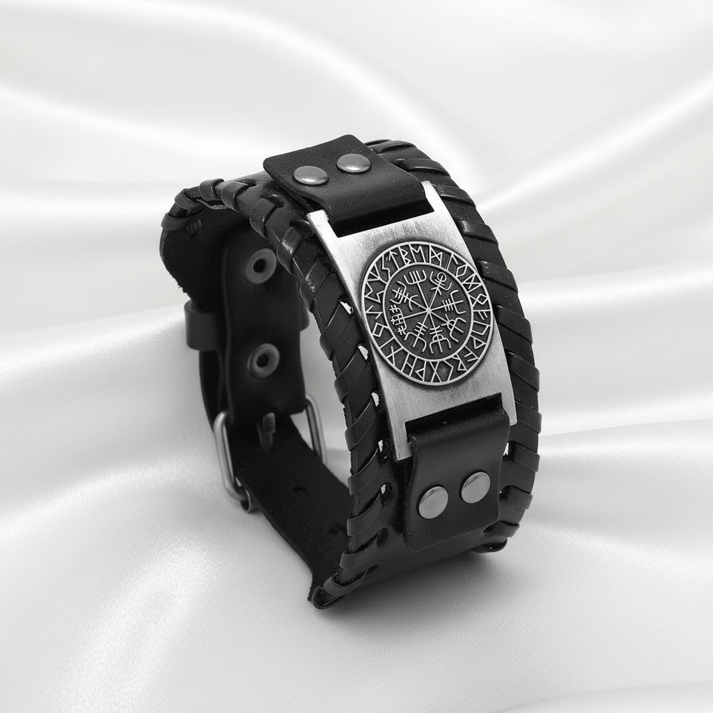 Vikingaarmband med Vegvisir-symbol på vit sidenbakgrund